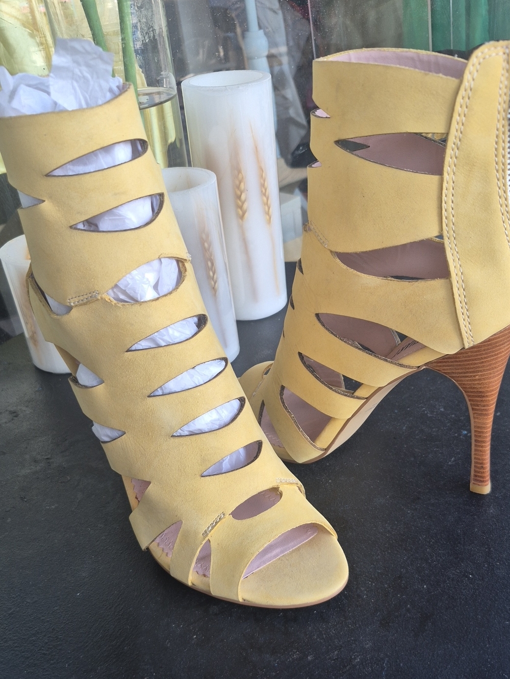 Colin Stuart Mustard Cutout Stiletto Sandals